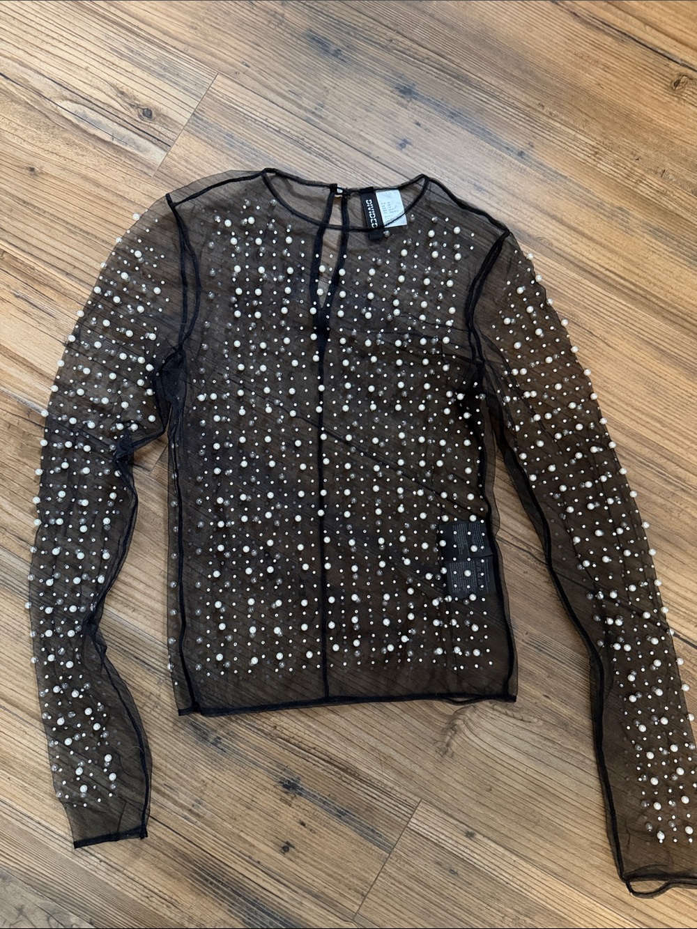 H&M Divided Sheer Black Mesh Top with Pearl Embellishments XS and SOO cute!!